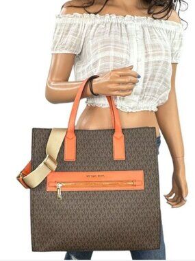 NEW Michael Kors Kenly NS Signature Large Tote Bag Purse Tangerine Trim $398 New
